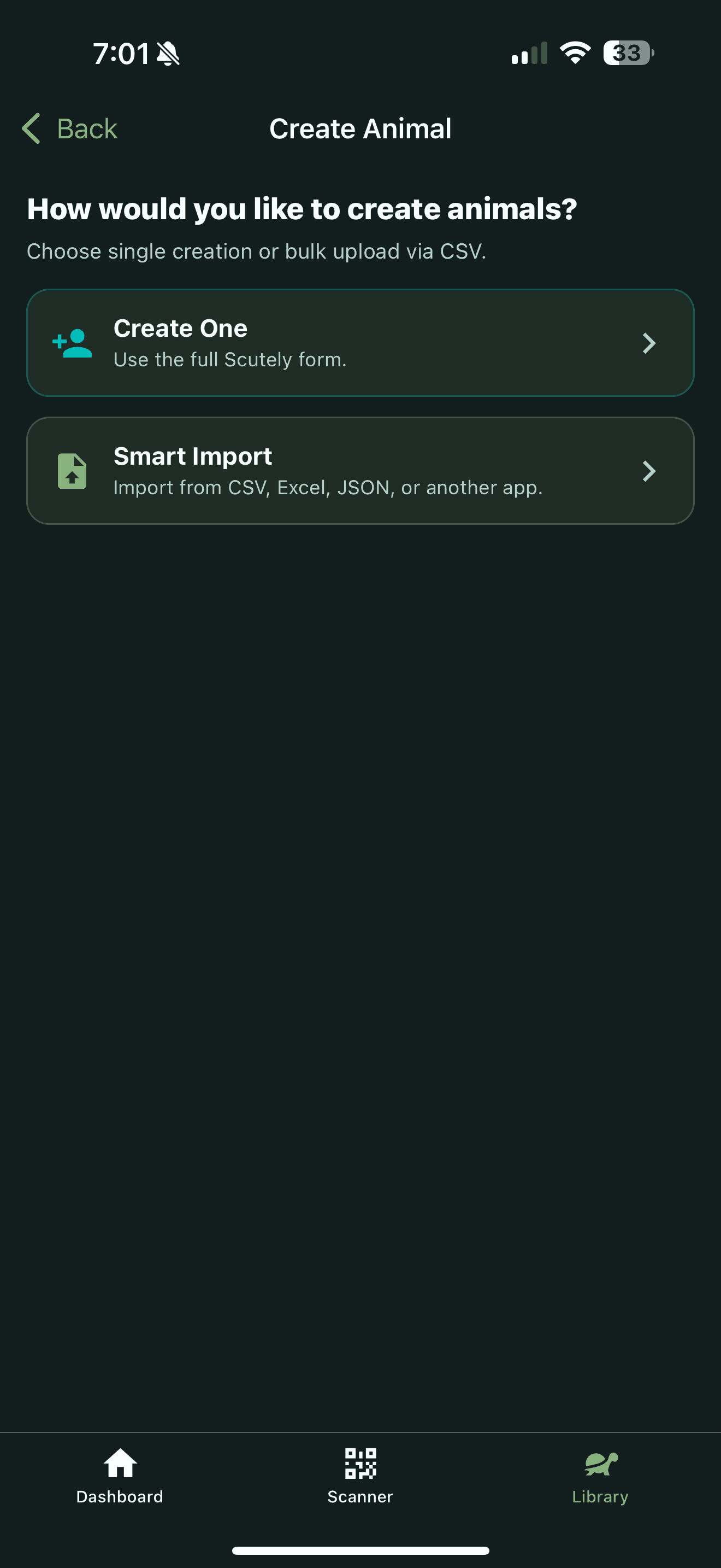 Add your animals in the Scutely app