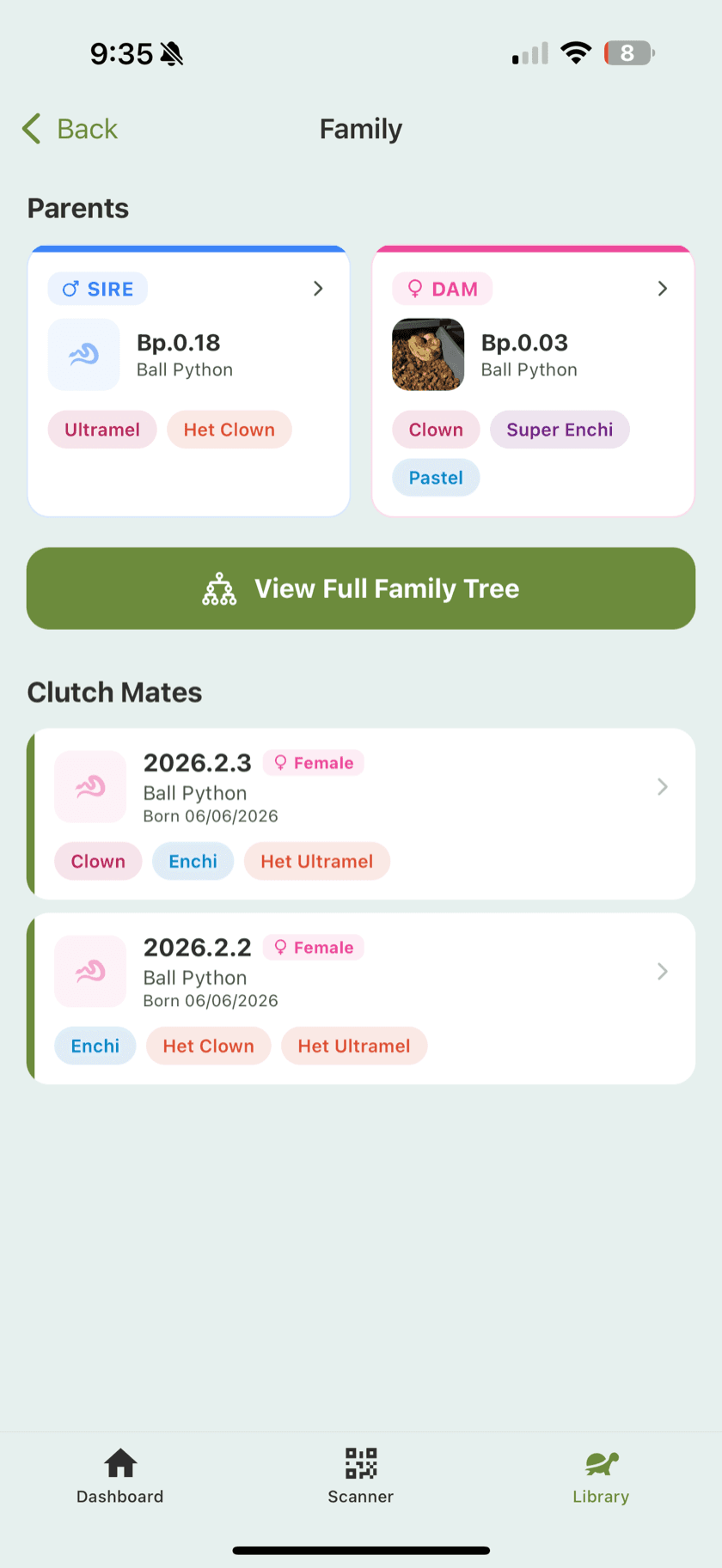 An animal's family screen with sire, dam, and clutch mates in the Scutely app