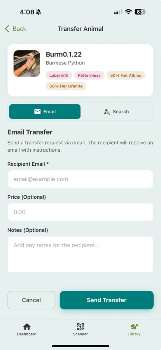 Animal ownership transfer in the Scutely app